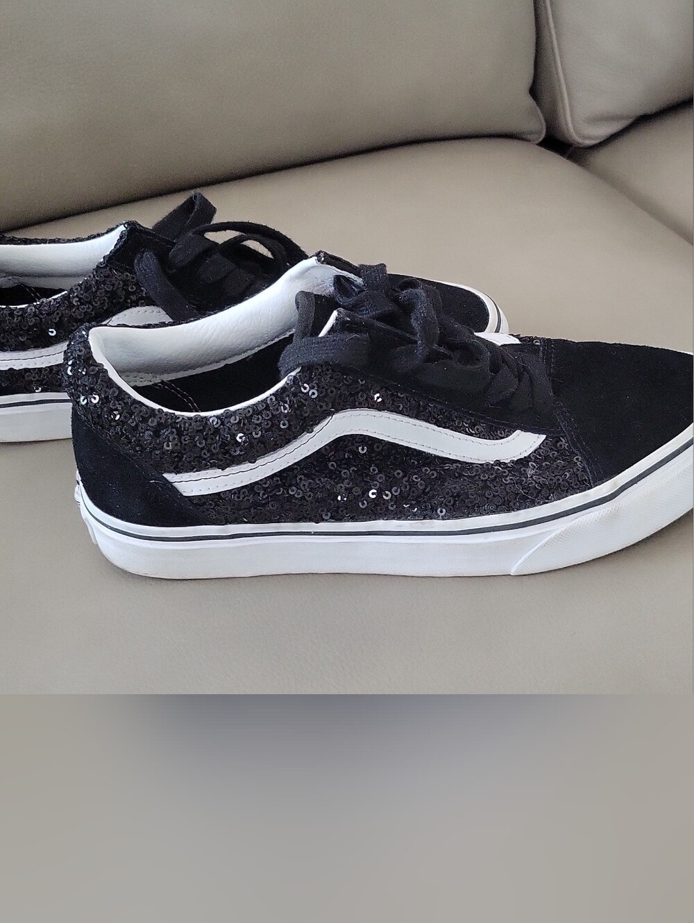 Vans Black Sequin Low-Top Sneakers with White Stripe